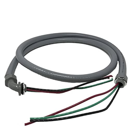 Power Whip Assembly, 1/2-Inch x 6 Ft Nonmetallic Liquid Tight Flexible Electrical Conduit and 10 Gauge Wire Single Phase Preassembled A/C Hook-up Whip Kit, 1/2"
