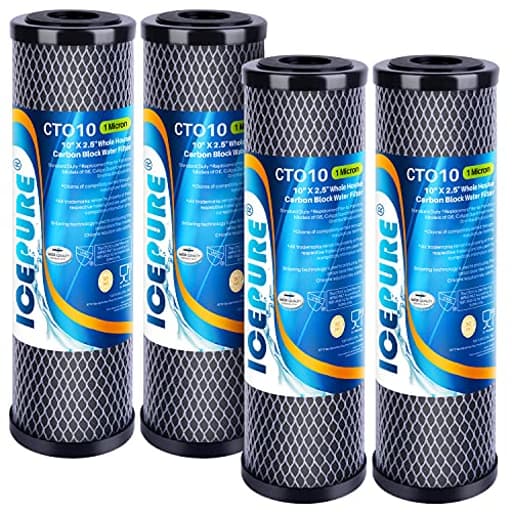 1 Micron 2.5" x 10" Whole House CTO Carbon Sediment Water Filter Cartridge Compatible with DuPont WFPFC8002, WFPFC9001, SCWH-5, WHCF-WHWC, WHCF-WHWC, FXWTC, CBC-10, RO Unit, Pack of 4