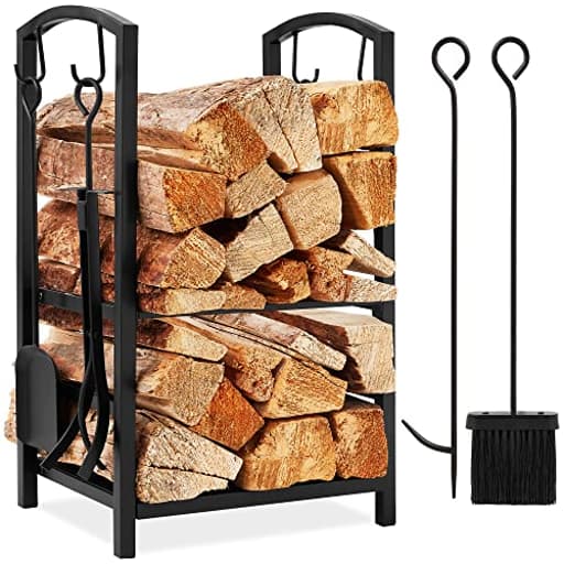 5-Piece Indoor Outdoor Wrought Iron Firewood Log Storage Rack Holder Firepit Tools Set for Fireplace, Fire Pit, Stove w/Hook, Broom, Shovel, Tongs - Black