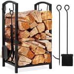 5-Piece Indoor Outdoor Wrought Iron Firewood Log Storage Rack Holder Firepit Tools Set for Fireplace, Fire Pit, Stove w/Hook, Broom, Shovel, Tongs - Black