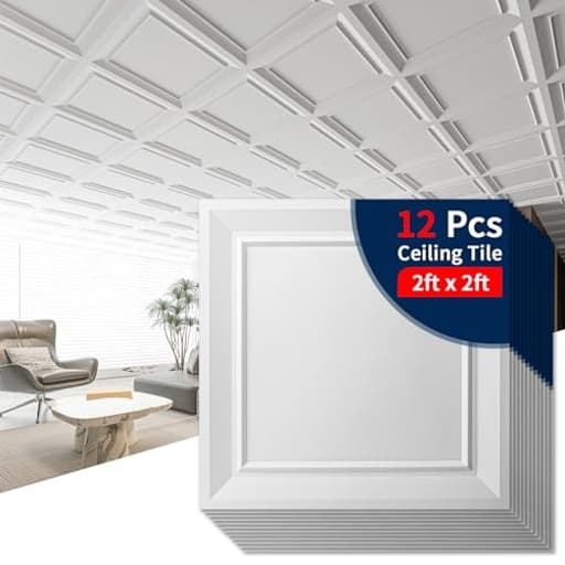 Ceiling Tiles 24 x 24 Drop Ceiling Tiles, 12 Pack Drop in High Grade PVC Wall Panels, Fire Rated, Waterproof, Light Weight, Cover 48 Sq.Ft, White