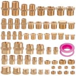60pcs Brass Pipe Fittings Assortment Kit,Reducer Bushing,Hex Nipple,Reducing Hex Coupling,Hex Heand Plug,End Cap and Socket Plug Fitting Kit