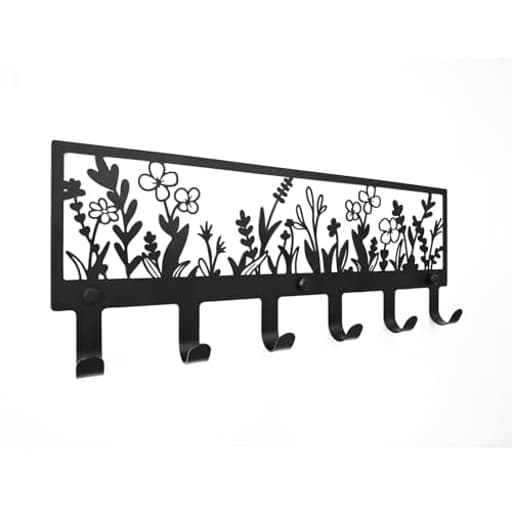 Floral Wall Mounted Coat Rack with 6 Hooks Decorative Black Metal Hanger for Coats, Hats, Bags, Keys,Towels - Ideal for Hallway, Bathroom, Kitchen, Office