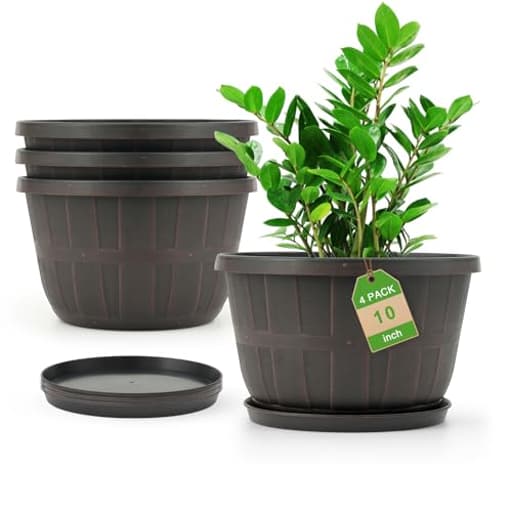 10 inch Plastic Flower Pots for Outdoor Plants，4 Pack Large Outdoor Planter Pot with Drainage Holes & Saucers，Imitation Wine Barrel Design，for Indoor Outdoor Garden Plants（Brown）