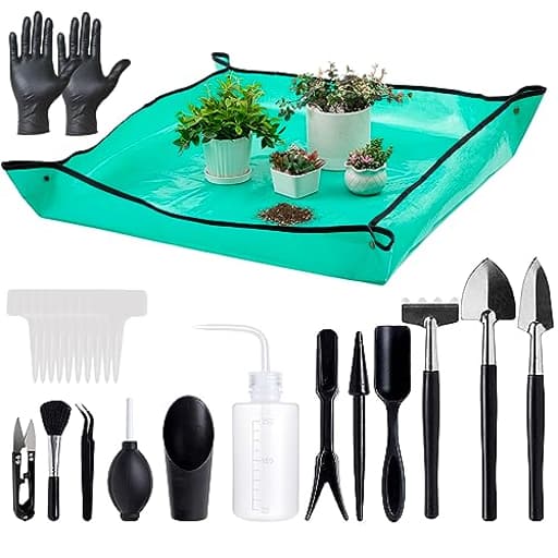 25Pcs Mini Garden Hand Transplanting Succulent Tools Set, 39.4" Thickened Repotting Mat & Plant Tag, Miniature Planting Indoor Fairy Care, Potting, Cactus, Houseplant Bonsai Tool Kit