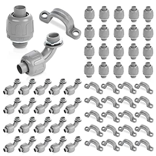 (1/2" Conduit Parts 60 Pack) Yariwiz 1/2 PVC Electrical Conduit Fitting Plastic Liquid Tight Conduit Connector Kit, Include 20 Conduit Couplings, 20 Conduit 90 Degree Elbows and 20 Conduit Straps