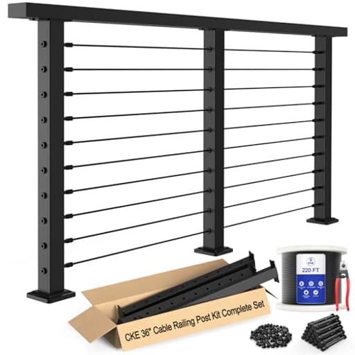 10ft-15ft Complete Set 36" Cable Railing Post Kit, 3Pack Black Level Drilled Line Posts(35"x2"x2"), Swageless Deck Cable Railing System Kit, 220ft 1/8" Wire Rope(No Handrail), Black Post Kit LPS02