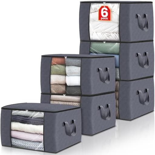 6 Pack Clothes Storage, Foldable Thick Fabric Blanket Storage Bags, Containers for Organizing Bedroom, Closet, Clothing, Comforter,Closet Organization with Handle,Grey