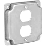 AP-12096, 4" Square Duplex Receptacle Electrical Box Cover, 1/2" Raised, Exposed Work, Galvanized Steel, Crushed Corners
