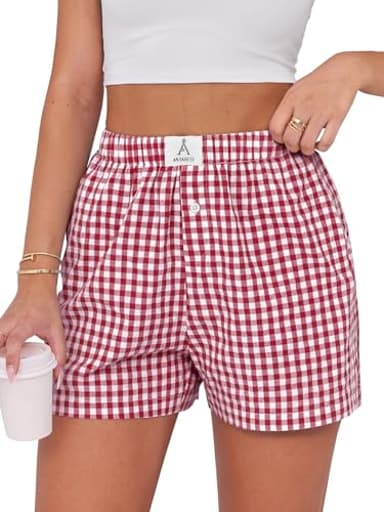 Boxer Shorts for Women Gingham Pajama 2025 Summer Casual Lounge Sleep Plaid Shorts Y2K Beach Bottoms Red White Plaid Small