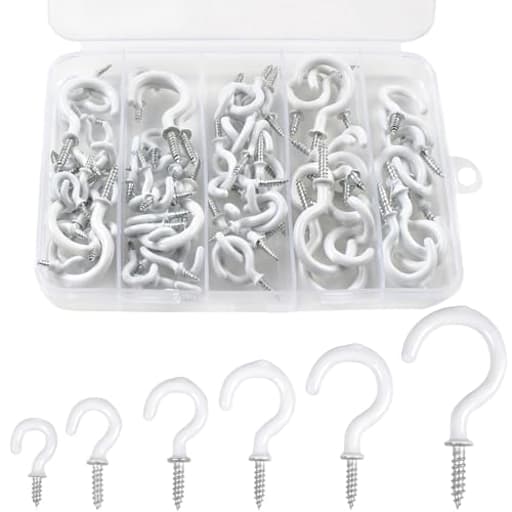 90 Pcs White Ceiling Hooks kit, 6 Sizes Vinyl Coated Screw-in Plant, Kitchen, Cup, Ceiling Hooks for Hanging