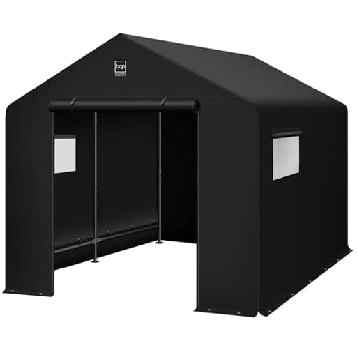 10x8ft Outdoor Storage Shed, Carport, Canopy Shelter, Dual Doors & Windows, Metal Frame, Weather-Resistant, Perfect for Storing Motorcycle, Bike, Garden Tools – Black
