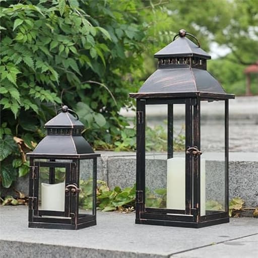 Lanterns Decorative Outdoor&Indoor, Set of 2 Large Bronze Metal Lantern Decor with Glass, Candle Holder for Porch, Patio, Garden, Balcony, Wedding, Table Centerpiece Decorations