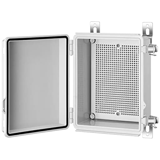 Junction Box, IP67 Waterproof Plastic Enclosure for Electrical Project, Hinged Grey Cover, Includes Mounting Plate and Wall Bracket 220×170×110mm