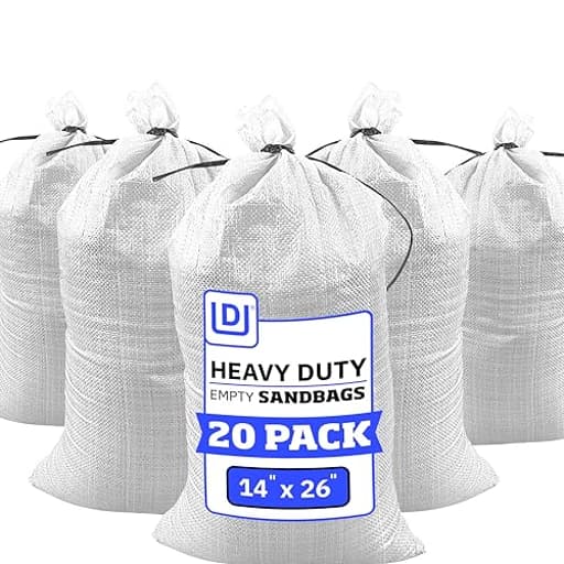 Heavy Duty Sand Bags with Tie Strings Empty Woven Polypropylene Sand-Bags for Flood Control with 1600 Hours of UV Protection, 50 lbs Capacity, 14x26 inches, White, Pack of 20