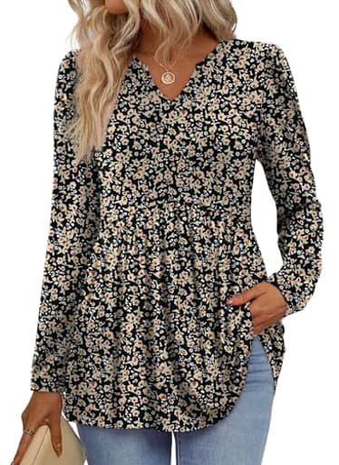 Plus Size Fall Fashion Clothing Womens Tops Long Sleeve Boho Peasant Blouses Business Casual Outfits Maternity Work Shirts Chocolate Brown Fall Clothes Black Floral XL