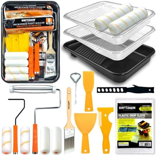 18 Piece Basic Paint Roller Kit - 9" & 4" Paint Rollers, Paint Tray with Reusable Liners, Brush, Scrapers & Tools | All-in-One Painting Supplies for Walls, Ceilings, DIY Home