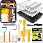 18 Piece Basic Paint Roller Kit - 9" & 4" Paint Rollers, Paint Tray with Reusable Liners, Brush, Scrapers & Tools | All-in-One Painting Supplies for Walls, Ceilings, DIY Home