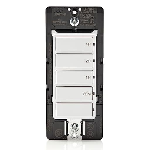 Countdown Timer Switch for household lights, heaters and exhaust fans, 30 min, 1-2-4 hour, No Neutral Wire Required, Single Pole, 15A, 1/2 HP/9.8A Fan/Motor, DT104-1LW, White