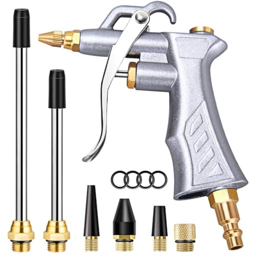 Industrial Air Blow Gun with Brass Adjustable Air Flow Nozzle and 2 Steel Extension, Pneumatic Air Compressor Accessory Tool Dust Cleaning and Blower Gun