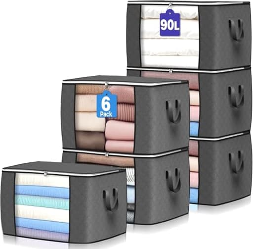 90 L Large Storage Bags, 6 Pack Clothes Storage Bins Foldable Closet Organizers Storage Containers with Reinforced Handle for Clothing, Blanket, Comforters, Bed Sheets, Pillows and Toys