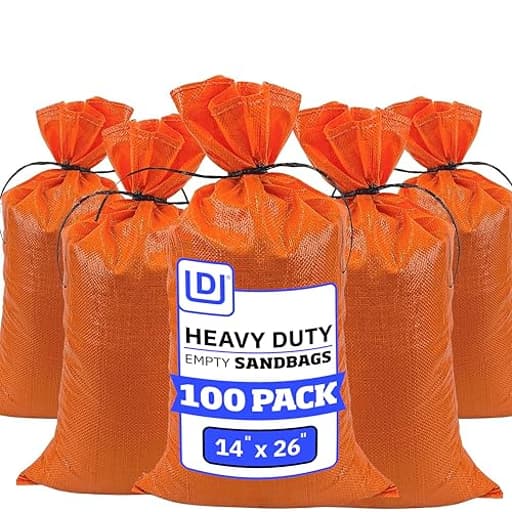 Heavy Duty Sand Bags with Tie Strings Empty Woven Polypropylene Sandbags for Flood Control with 1600 Hours of UV Protection, 50 lbs Capacity, 14x26 inches, Orange, Pack of 100