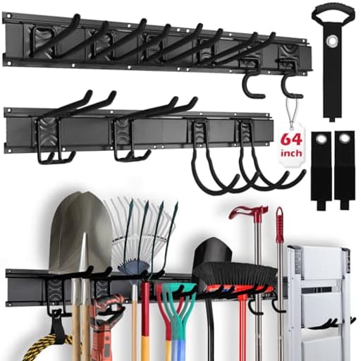 64" Heavy Duty Garage Storage Tool Organizer Wall Mount - Tool Rack with Adjustable Hooks, Anti-Rust, 300lbs Capacity - Easy Installation