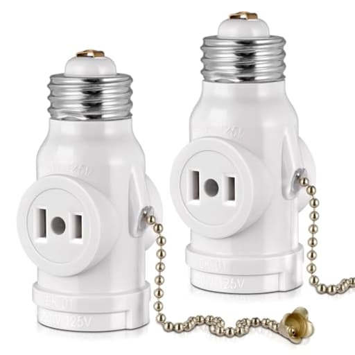 2-Pack E26 Light Socket Adapter - Converts Medium Screw Socket to Two Outlets With Pull Chain Switch - UL Listed, White