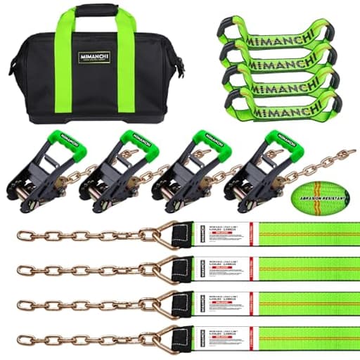 8 Point Roll Back Vehicle Tie Down Straps Kit, 2" x 16', Heavy Duty Car Hauling Straps for Trailers with Ratchet Handle, Chain Tail on Both Ends - Tow Truck Equipment