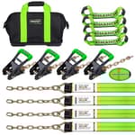 8 Point Roll Back Vehicle Tie Down Straps Kit, 2" x 16', Heavy Duty Car Hauling Straps for Trailers with Ratchet Handle, Chain Tail on Both Ends - Tow Truck Equipment