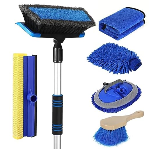 62'' Car Wash Brush with Long Handle, Scratch-Free Soft Bristles Sturdy Car Wash Mop Kit, Complete Car Cleaning Brush Kit Wash Mitt Towel Windshield Squeegee Wheel Tire Brush for Car Truck RV