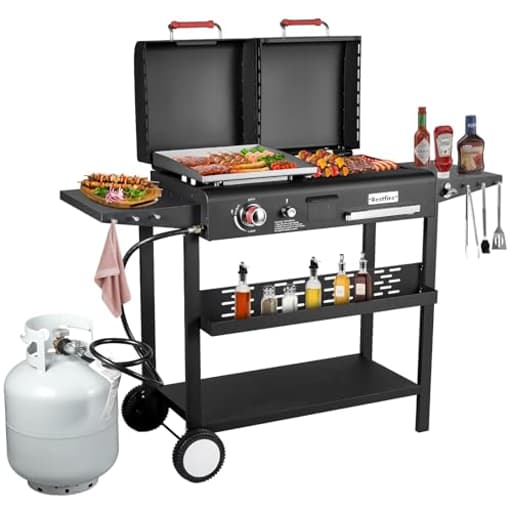 Dual Fuel Propane Gas Charcoal Grill Combo Black Dual Lids, Flat Top Grill With 2 Side Shelves for BBQ, Outdoor and Backyard Cooking