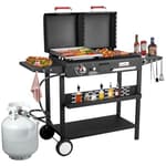 Dual Fuel Propane Gas Charcoal Grill Combo Black Dual Lids, Flat Top Grill With 2 Side Shelves for BBQ, Outdoor and Backyard Cooking