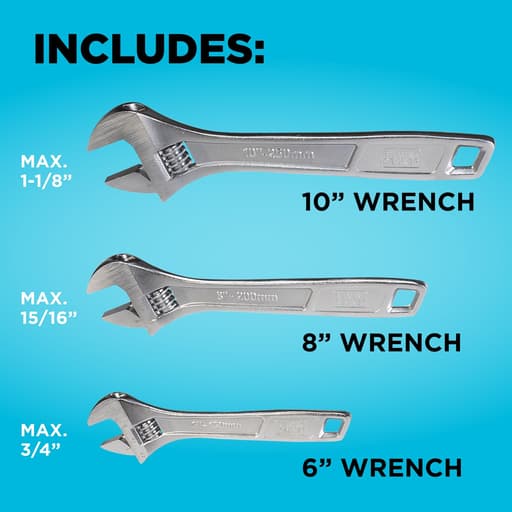 6 in., 8 in. & 10 in. Adjustable Wrench Set (3 PK)