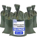 Heavy Duty Sand Bags with Tie Strings Empty Woven Polypropylene Sand-Bags for Flood Control with 1600 Hours of UV Protection, 50 lbs Capacity, 14x26 inches, Green, Pack of 50