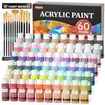 72 Pack Acrylic Paint Set, Shuttle Art 60 Colors Acrylic Paint Including Extra White Black & 12 Brushes, 2oz/60ml, Rich Pigmented, Water Proof, Ideal for Artists, Beginners on Canvas Rock Wood Ceramic