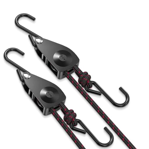 Ratchet Tie Down Straps, 1/4" Adjustable Rope Hangers [2 Pack, 12FT, 150 lbs/Pack], Heavy Duty Kayak Pulley System with Hooks for Garage Cargo Trucks Tents Grow Lights Various Lashing