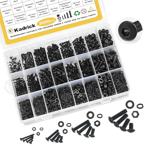 Metric Screw Assortment, 2000PCS Metric Bolt Assortment Kit M2 M3 M4 M5 Machine Screws with Lock & Flat Washers, Grade 10.9 Alloy Steel Hex Socket Button Head Black Screws Nuts and Bolts Kit