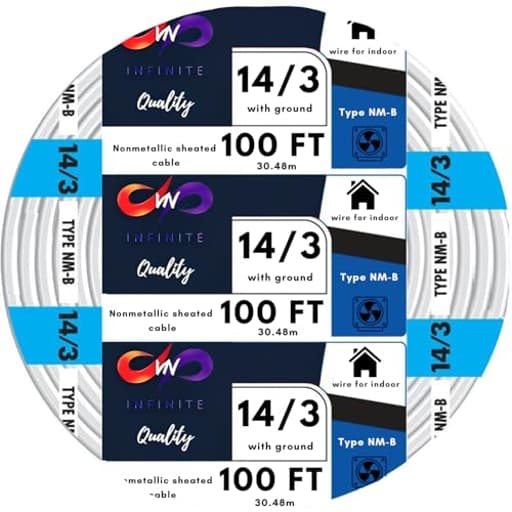 14/3 NM-B Wire with Ground NMB Cable 14 Gauge, 3 Conductor Electrical Wire Non-Metallic Sheathed Cable Residential Indoor Insulated Jacket