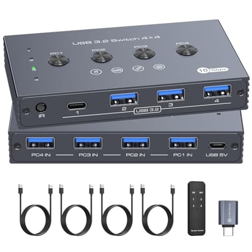 10Gbps USB 3.2 Switch 4 Computers Share 4 Peripherals 4 Port USB Switcher for Mouse Keyboard Printer with Remote and Cables