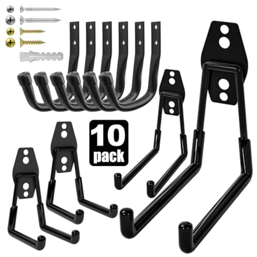 10-Pack Heavy Duty Garage Wall Hooks – Utility J Hooks for Hanging Ladders, Bikes, Garden Tools, Hose, with Anti-Slip Coating