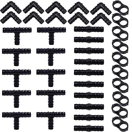 40 Pieces Drip Irrigation Fittings Kit 1/2" Tubing Set, 10 Tees, 10 Couplings, 10 Elbows and 10 End Cap Plugs Drip Irrigation Barbed Connectors for Drip Sprinkler Systems