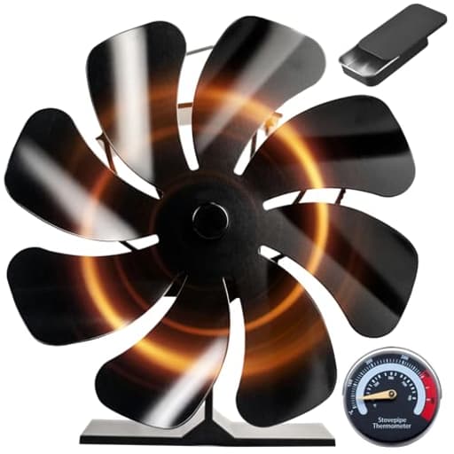 Wood Stove Fan Heat Powered 8-Blade Stove Fan, Fireplace Fan for Wood Burning Stove/Pellet/Log Burner, w/Stove Accessories Thermometer & Aroma Pod
