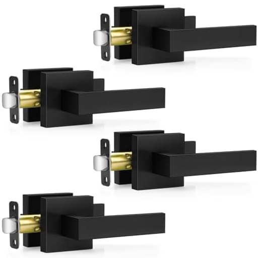 4 Pack Black Door Handles Interior, Passage Door Levers for Hallway&Closet, Interior Closet Door Knobs Heavy Duty Square Non-Locking Handlesets(2.0lb), Reversible for Left&Right Sided Doors