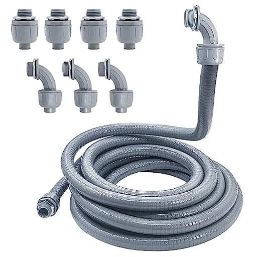 Liquid-Tight Conduit - 1/2inch 25 Foot Flexible Non Metallic Liquid Tight Electrical Conduit Kit, With 4 Straight and 3 90-Degree Conduit Connector Fittings.1/2" Dia