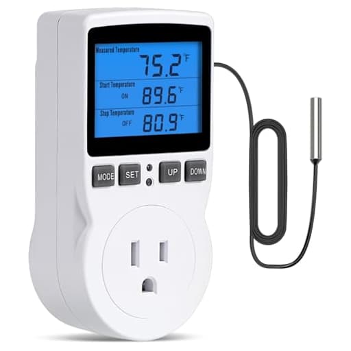 Plug in Thermostat Temperature Controlled Outlet Digital Thermostat Outlet Heating Cooling Control Timer 1800W 110V 15A Backlit Display