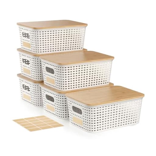 Small Storage Bins with Bamboo Lid, Plastic Storage Box with Lid, 5QT Stackable Organizing Basket with Lable, Storage Container for Classroom, Office, Closet, Shelf Organization, 10x7x4 In-White-6 Pcs