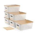 Small Storage Bins with Bamboo Lid, Plastic Storage Box with Lid, 5QT Stackable Organizing Basket with Lable, Storage Container for Classroom, Office, Closet, Shelf Organization, 10x7x4 In-White-6 Pcs