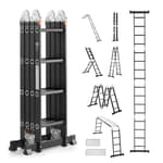 Multi-Purpose Folding Ladder, 7-in-1 Tall Extension Step Ladder, A Frame 4 Step with Scaffolding Plank Telescoping Ladder, 15.5ft Reach Height Heavy Duty, 330 lbs Capacity for Home Outdoor