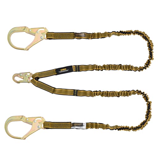 6 Ft. Lanyard, Twin, Internal Absorber Lanyard with Steel Snap Hook on D-Ring End and Steel Rebar Hooks on Anchor End